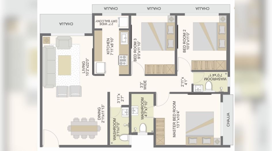 Rudra-Paradise-FLoor-Plan-3 BHK-1026Sqft